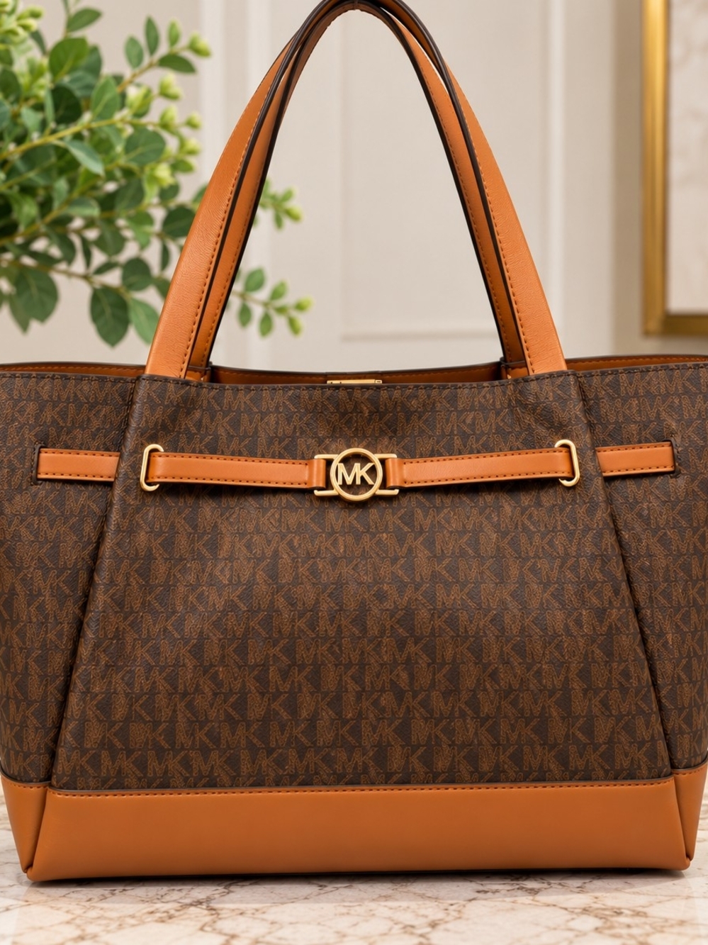 Michael Kors Reed Large Belted Tote Brown Signature Logo NWT